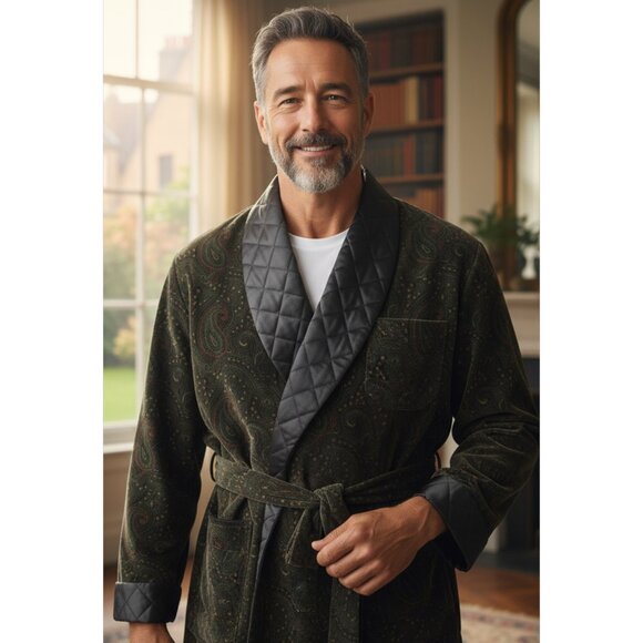 Vtg Neiman Marcus Men's Velvet Smoking Jacket Robe Quilted Shawl Collar Size XL - Picture 1 of 6